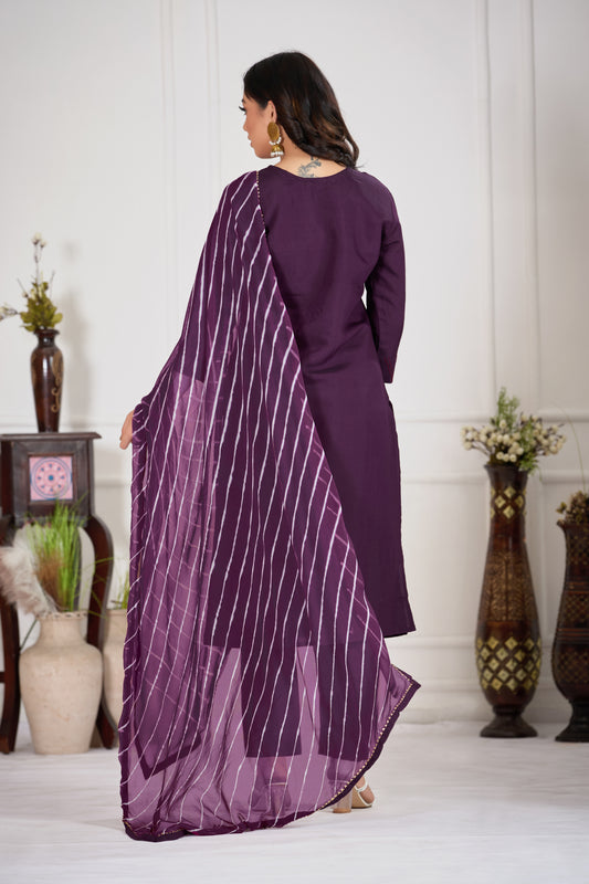 Wine Three Piece Hand Neck Work Dress