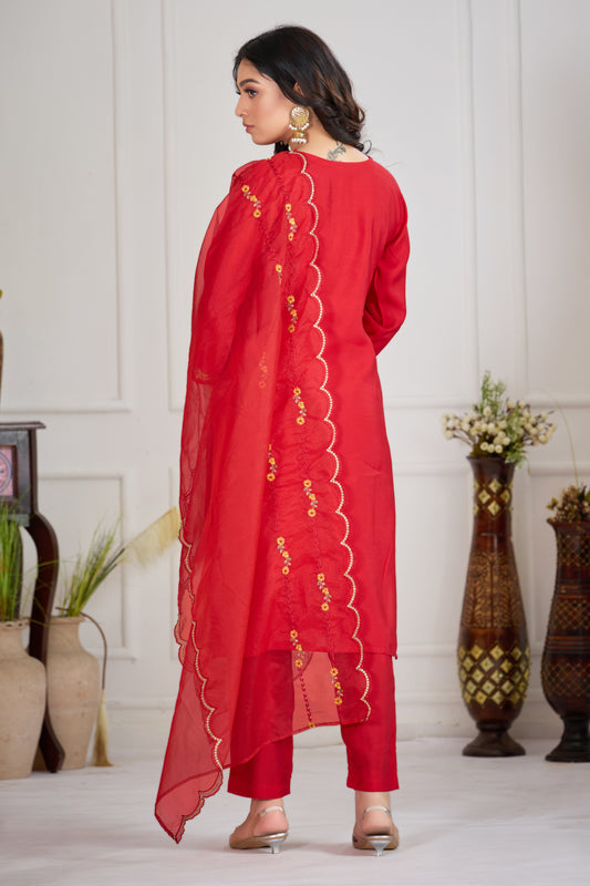 Red Three Piece Hand Neck Work Dress