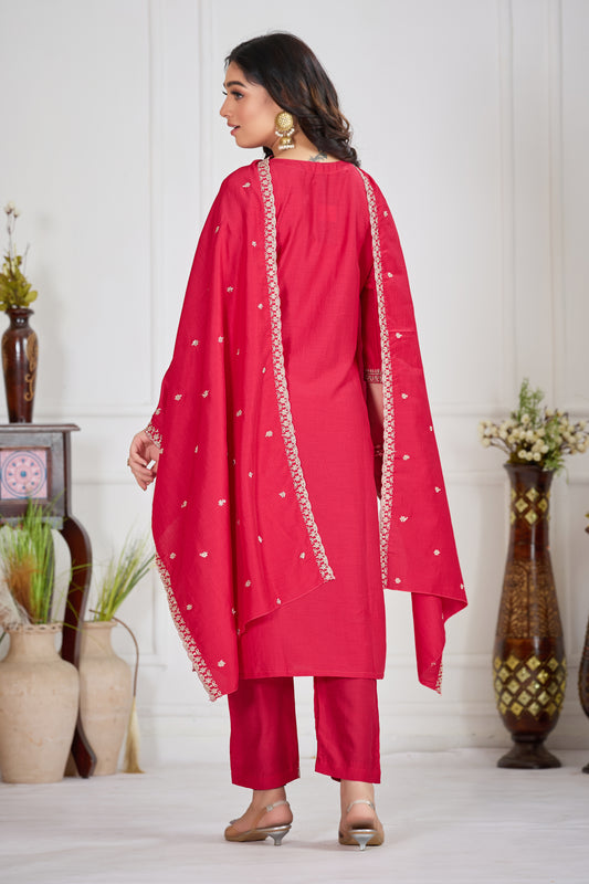 Red Three Piece Embroidery with Hand Work Dress