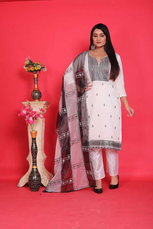 White Roman Silk Women Designer Suit With Heavy Thread Work