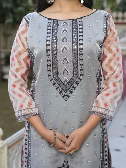 Heavy Organza Gray Pakistani Digital Printed Unstitched Suit With Inner