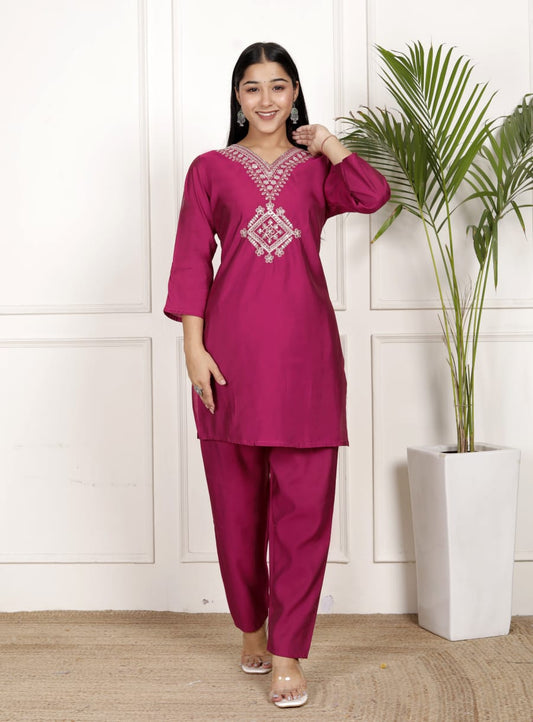 Dark Pink Roman Embroidery Co-Ord Set