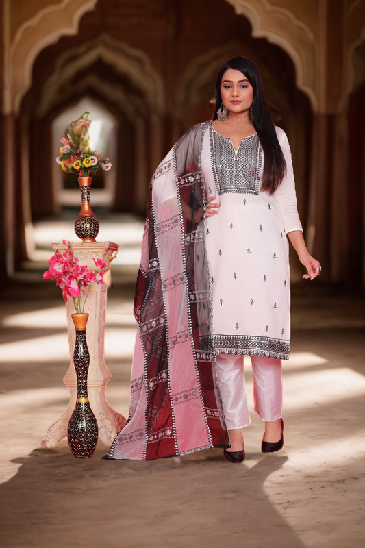 White Roman Silk Women Designer Suit With Heavy Thread Work