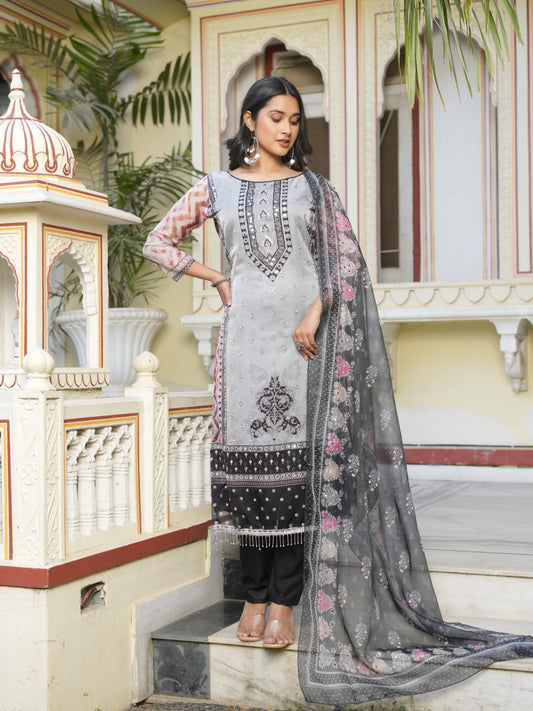 Heavy Organza Gray Pakistani Digital Printed Unstitched Suit With Inner