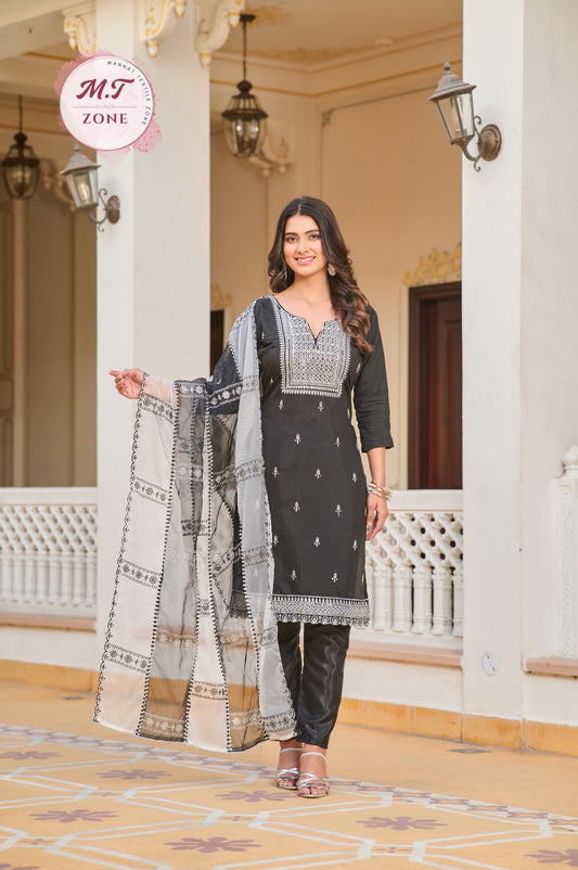 Black Roman Silk Women Designer Suit With Heavy Thread Work