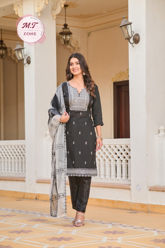 Black Roman Silk Women Designer Suit With Heavy Thread Work