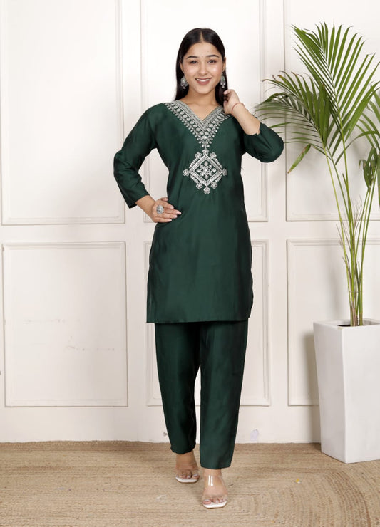 Bottle Green Roman Embroidery Co-Ord Set