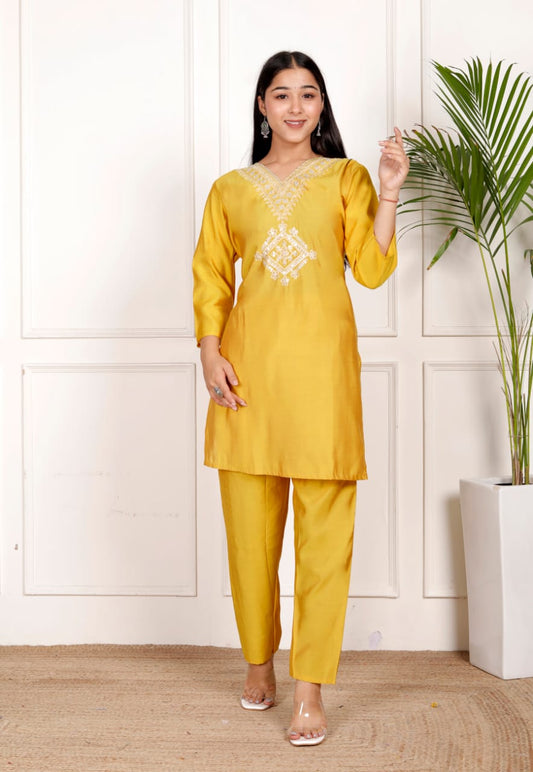 Yellow Roman Embroidery Co-Ord Set