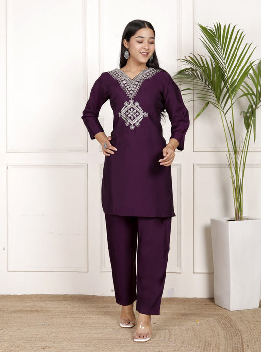 Wine Roman Embroidery Co-Ord Set
