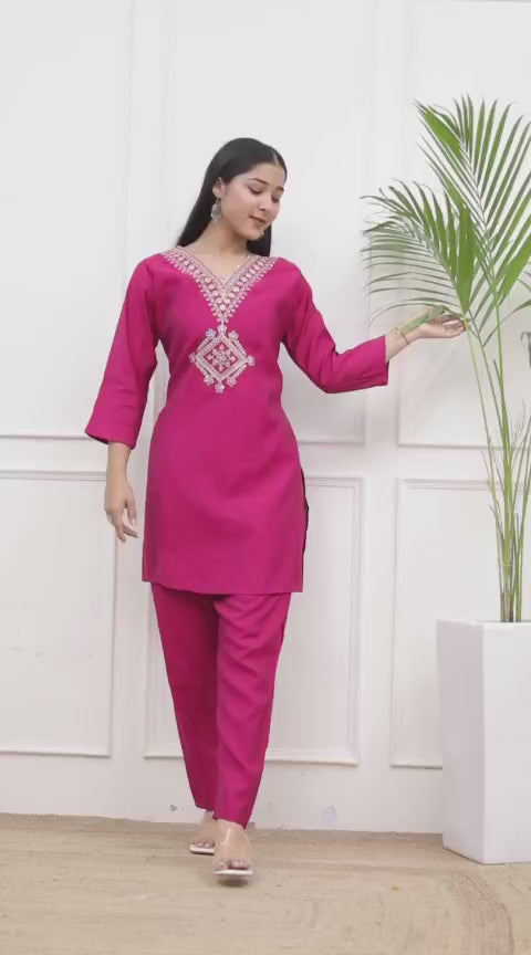 Dark Pink Roman Embroidery Co-Ord Set