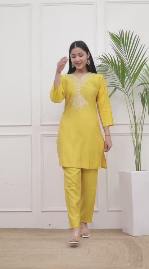 Yellow Roman Embroidery Co-Ord Set