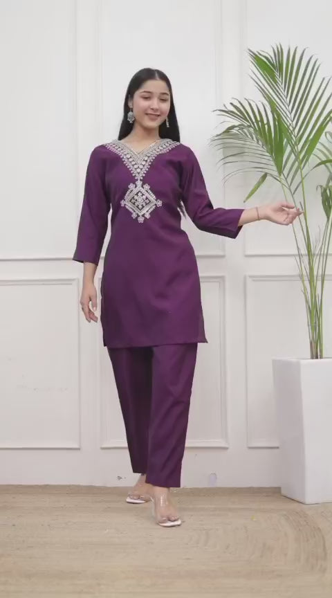 Wine Roman Embroidery Co-Ord Set