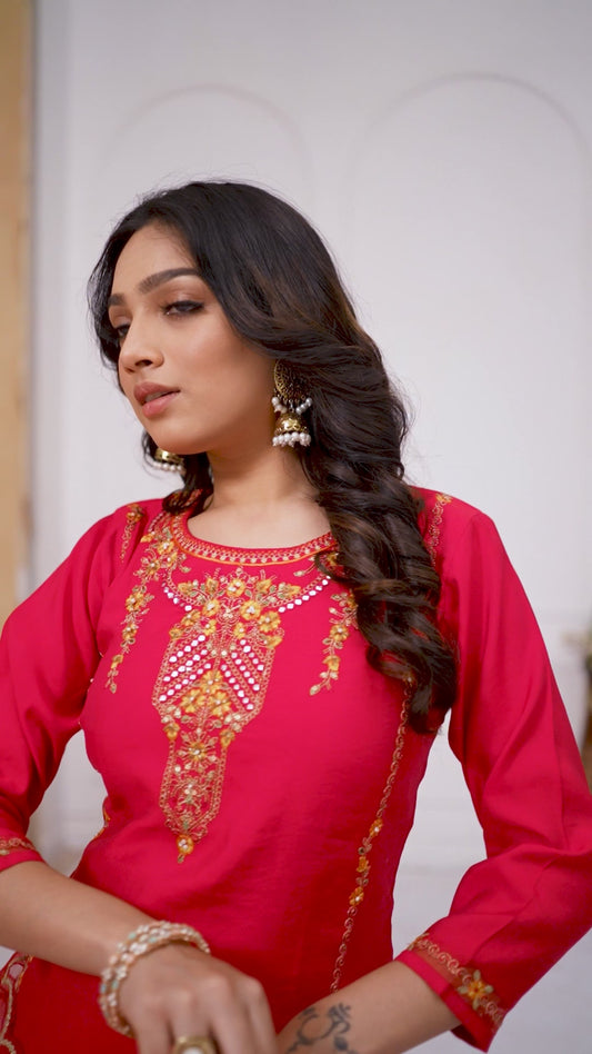 Red Three Piece Hand Neck Work Dress