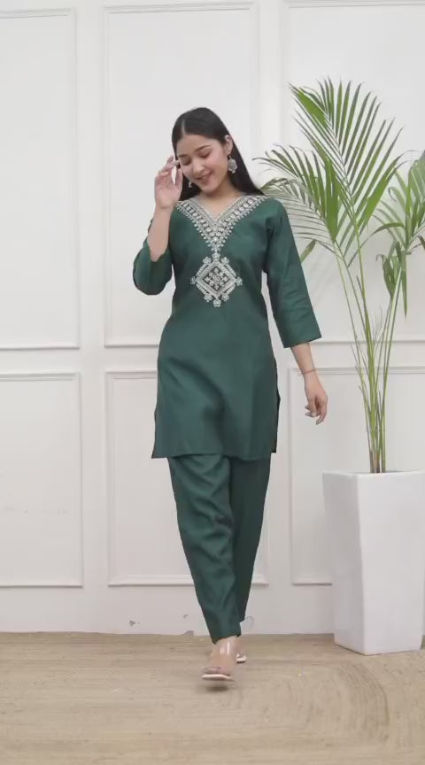 Bottle Green Roman Embroidery Co-Ord Set