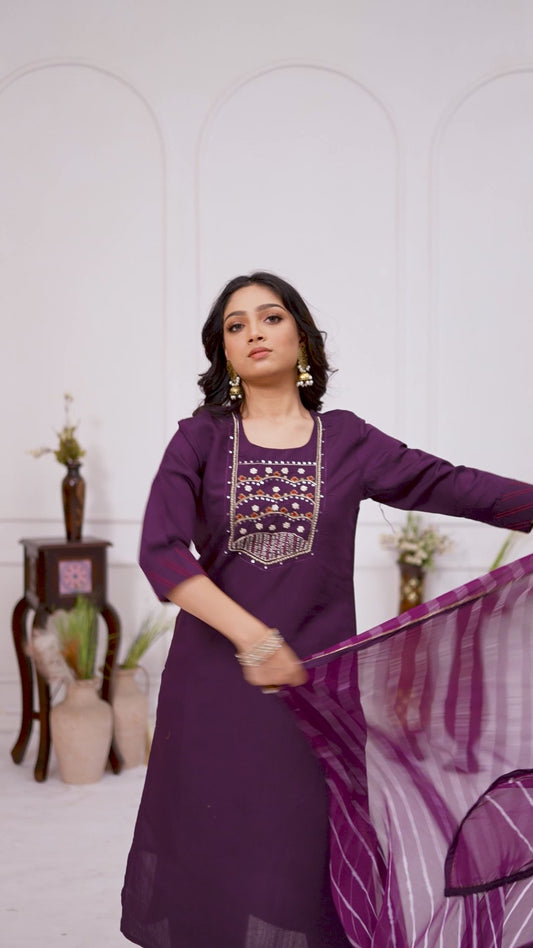 Wine Three Piece Hand Neck Work Dress